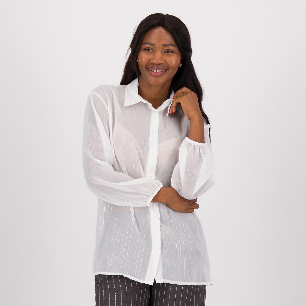 QVC EVA Franco Ciambella Camicia in organza rigata con lamé e maniche lunghe