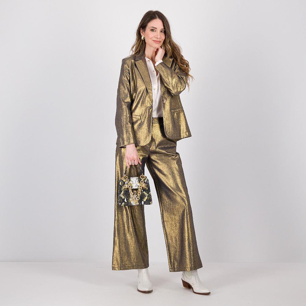 QVC EVA Franco Ciambella Giacca A Un Bottone In Jeans Spalmato Color Oro