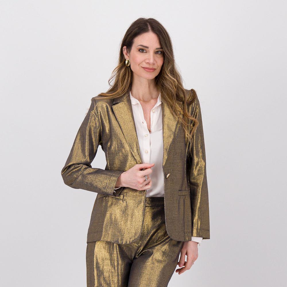 QVC EVA Franco Ciambella Giacca a un bottone in jeans spalmato color oro