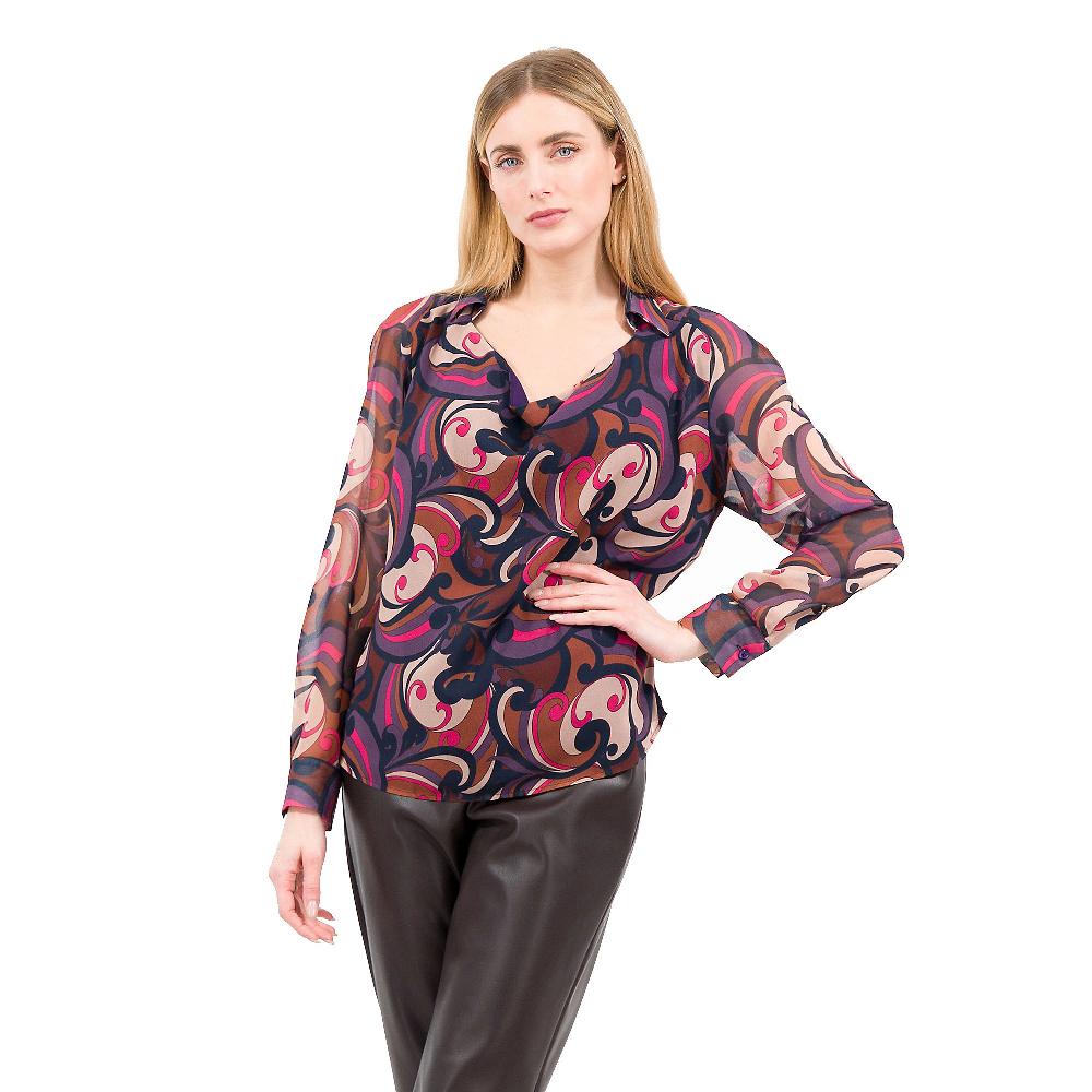 QVC EXTESA Blusa fantasia collo a camicia e jabot Made in Italy