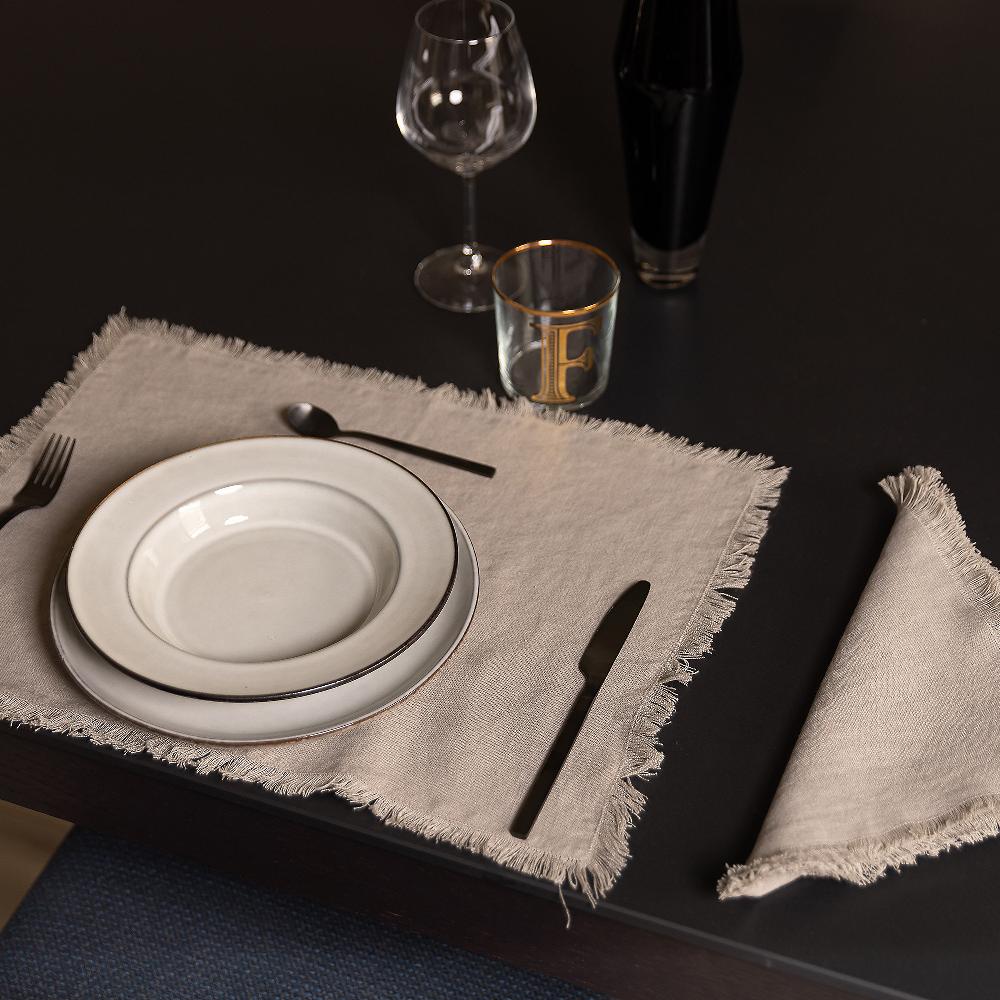 QVC Ferò Set Tovaglietta americana+tovagliolo 100% lino con frange