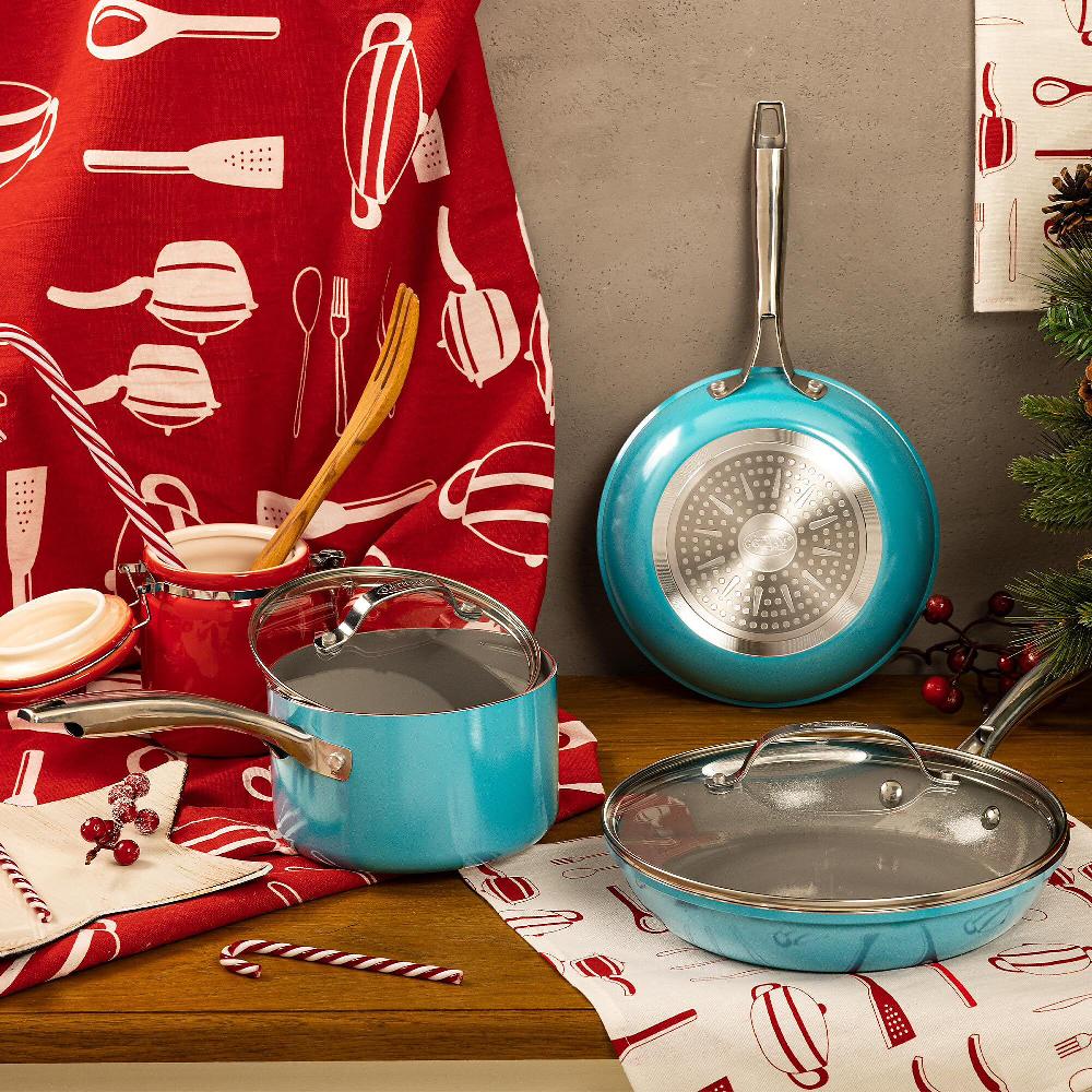 QVC Gotham Steel Ocean Blue Set 5 pz: 2 padelle 1 casseruola 2 coperchi