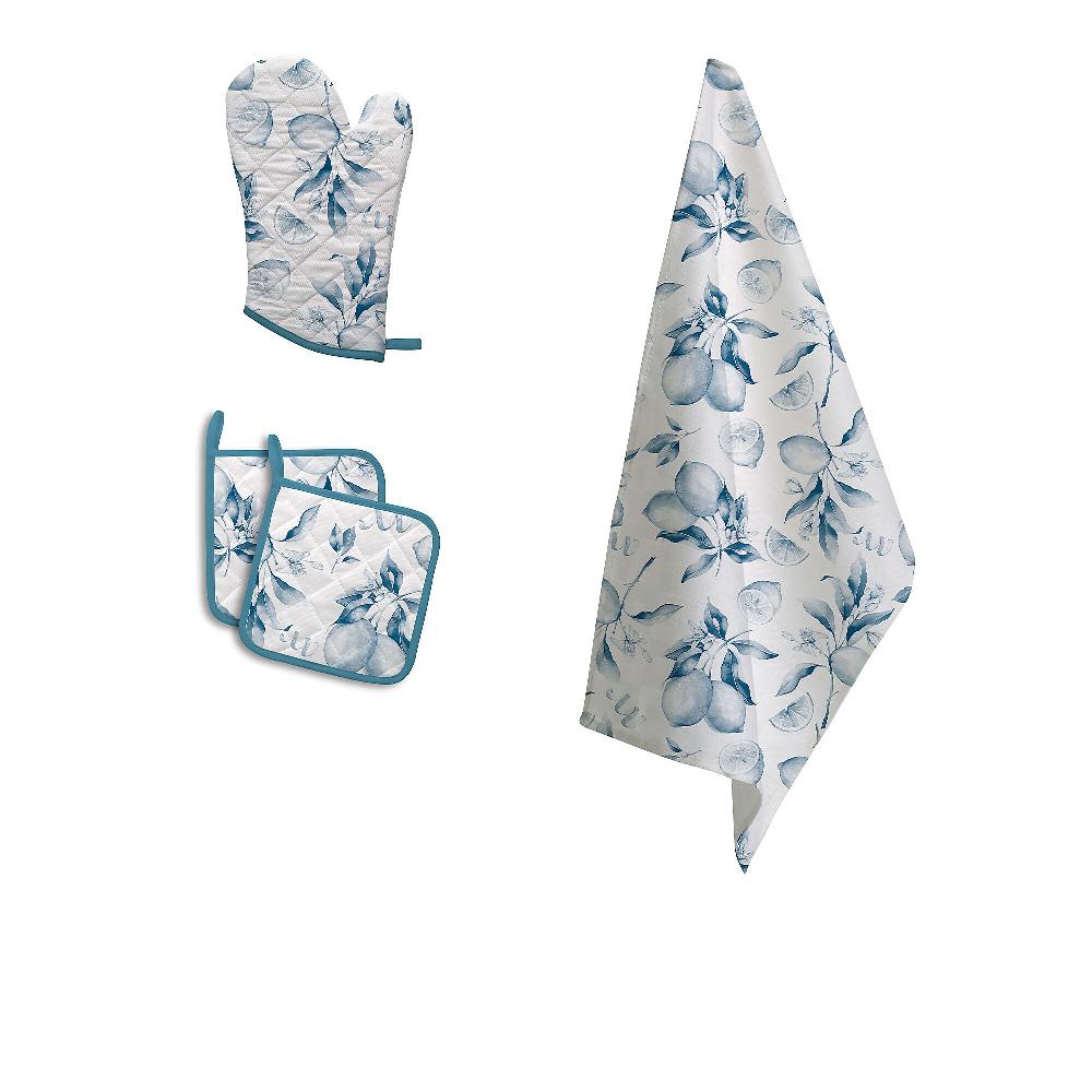 QVC Happidea Set 3 pezzi cucina 100% cotone: guanto presina asciugapiatti