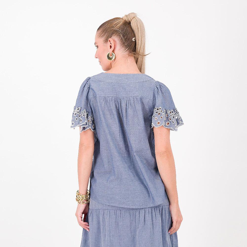 QVC Isaac Mizrahi Live Blusa 100% Cotone Manica A Farfalla Con Inserto In Pizzo Sangallo Sul Bordo