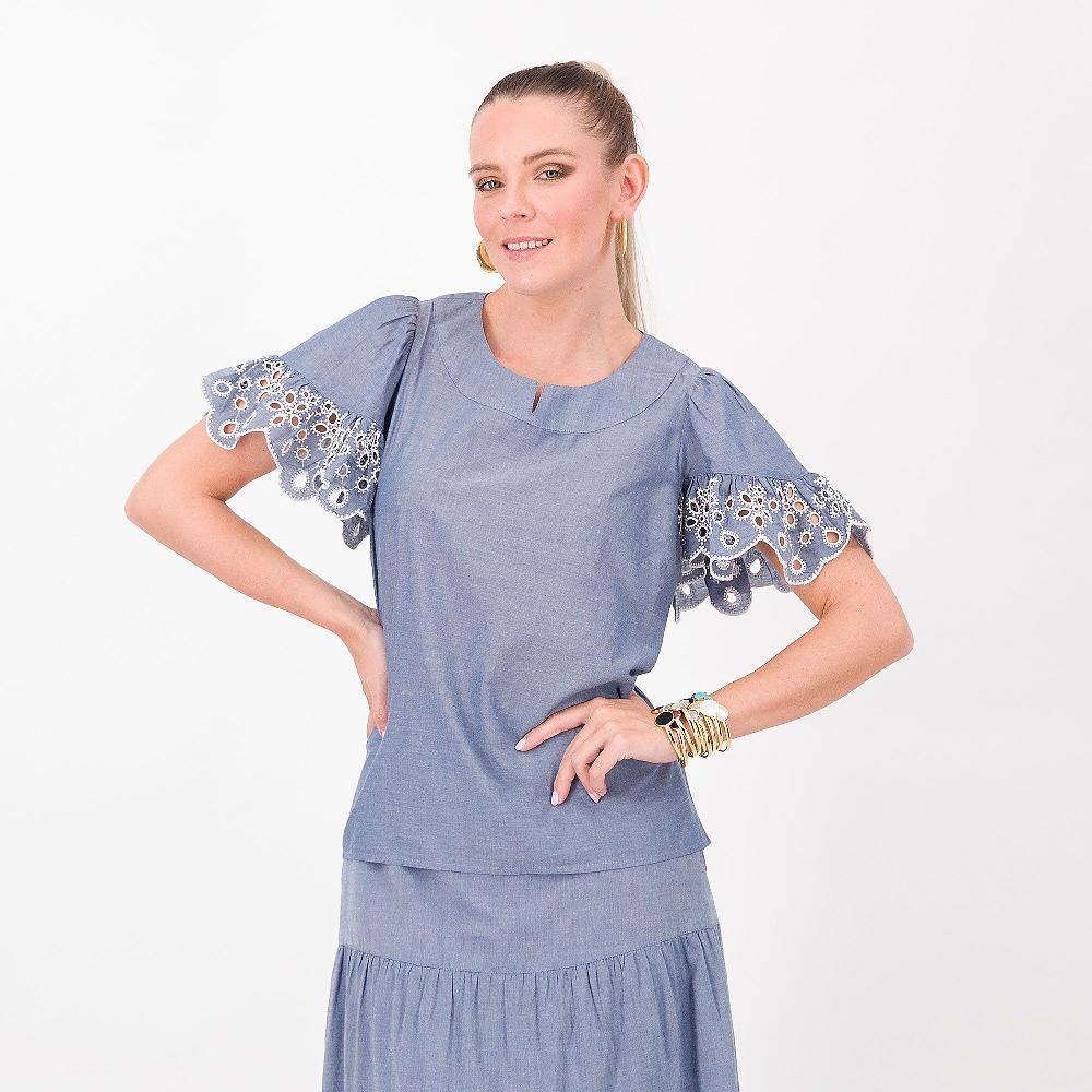 QVC Isaac Mizrahi Live Blusa 100% cotone Manica a farfalla con inserto in pizzo sangallo sul bordo