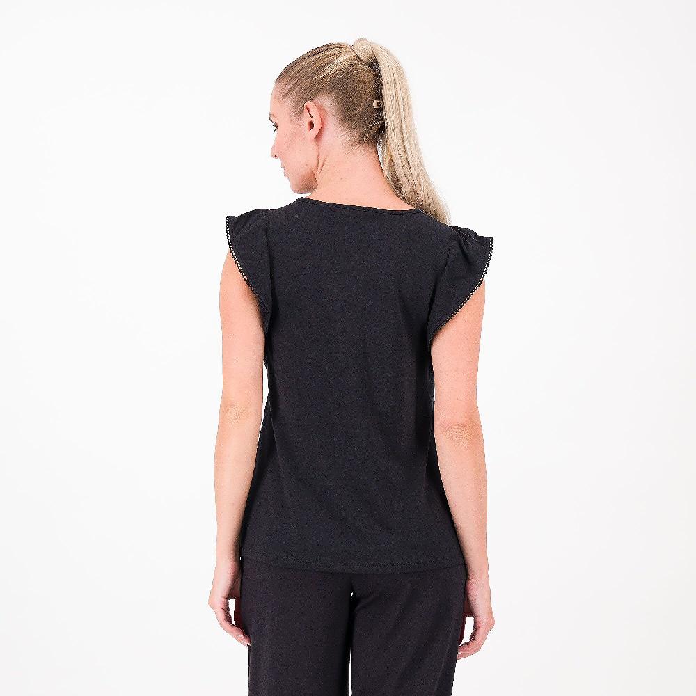 QVC Isaac Mizrahi Live Blusa Cotone E Modal Maniche Corte Ad Aletta Con Pizzo Sul Bordo