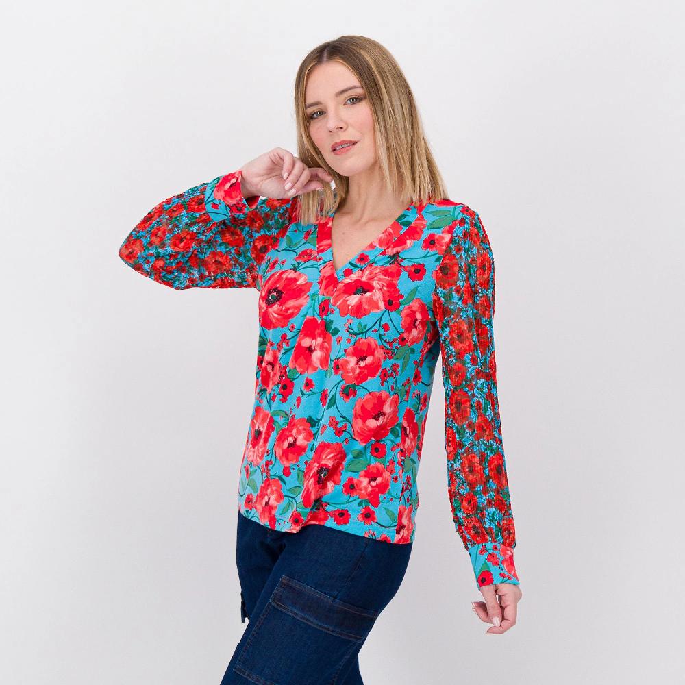 QVC Isaac Mizrahi Live Blusa in jersey fantasia con maniche a sbuffo in tulle