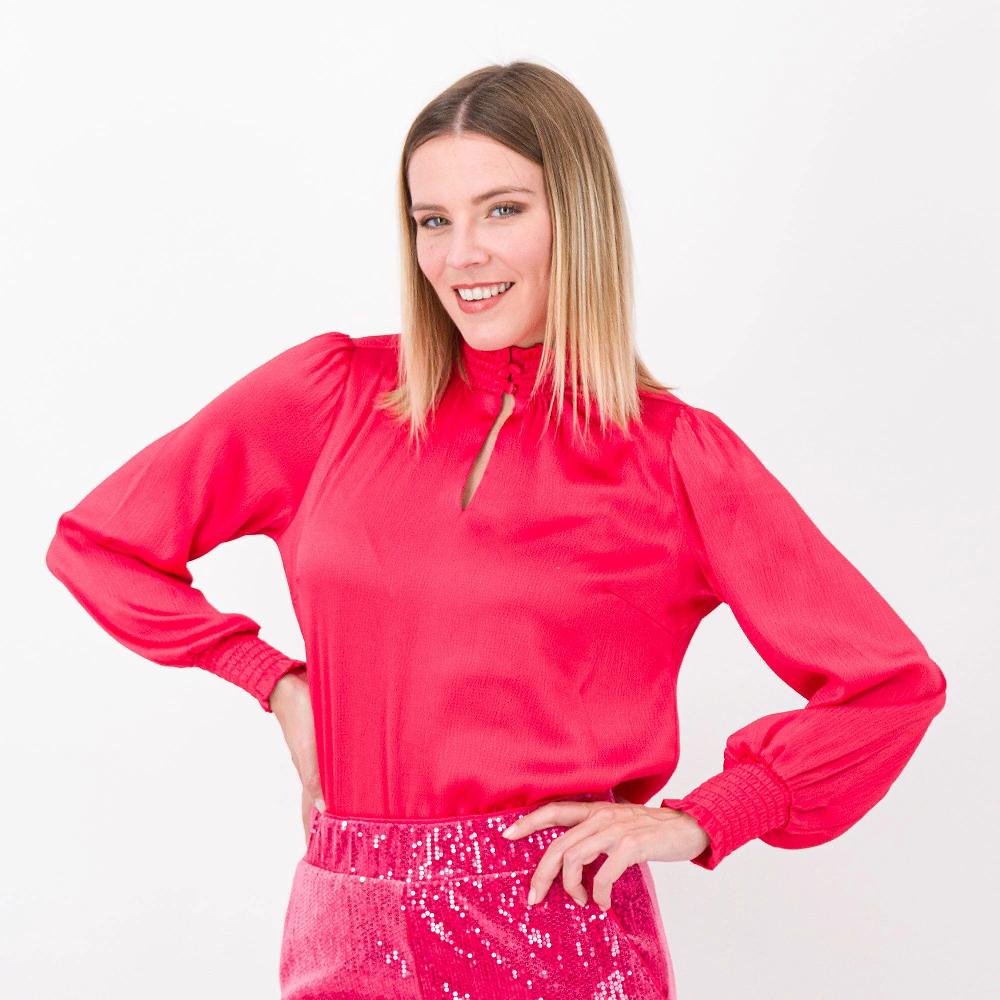 QVC Isaac Mizrahi Live Blusa in raso con collo alto
