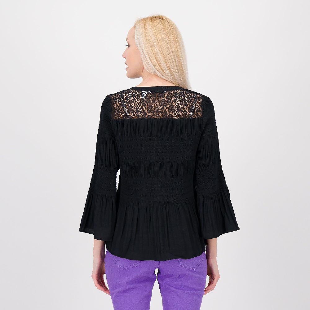 QVC Isaac Mizrahi Live Blusa In Tela Crépe Operata Con Plissé Al Fondo E Polso