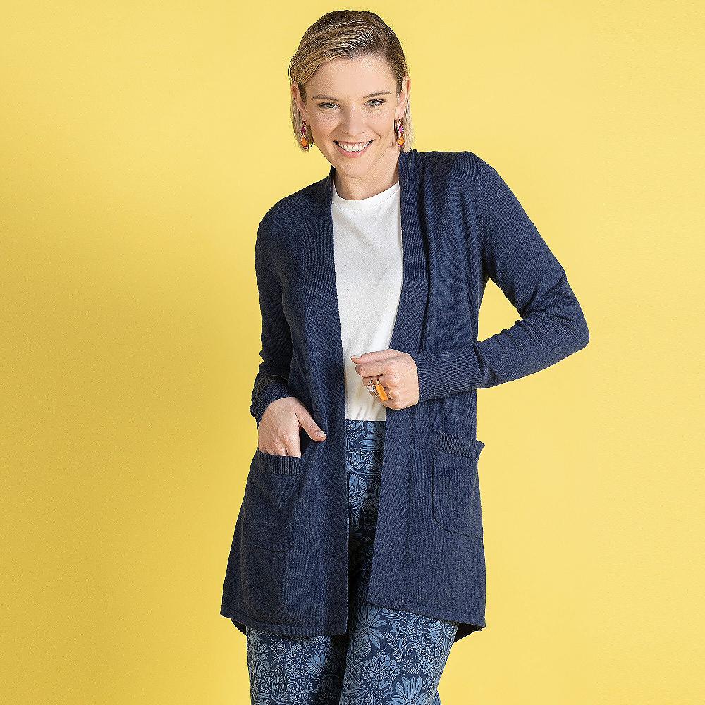 QVC Isaac Mizrahi Live Cardigan in maglia di cotone e viscosa Tasche applicate Linea sciancrata