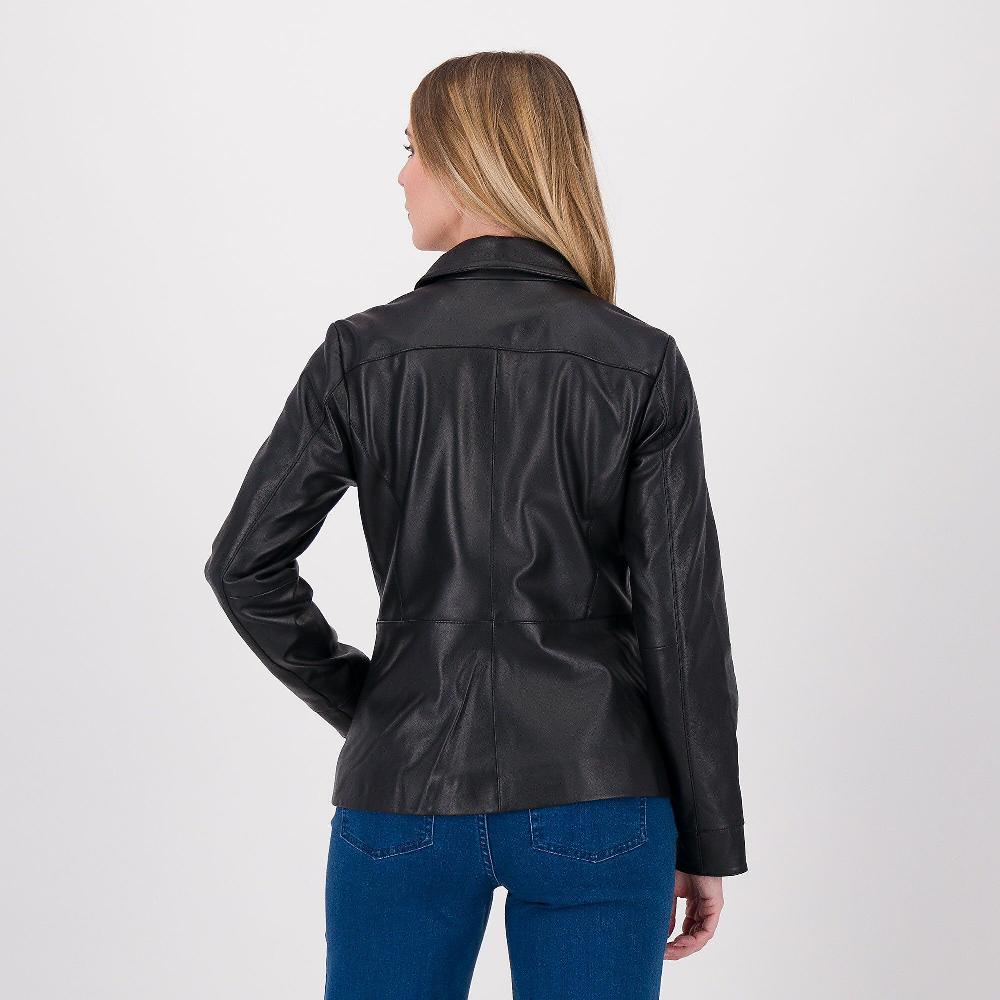 QVC Isaac Mizrahi Live Giacca In Vera Pelle Colletto A Camicia Tasche Inserite Linea Sciancrata