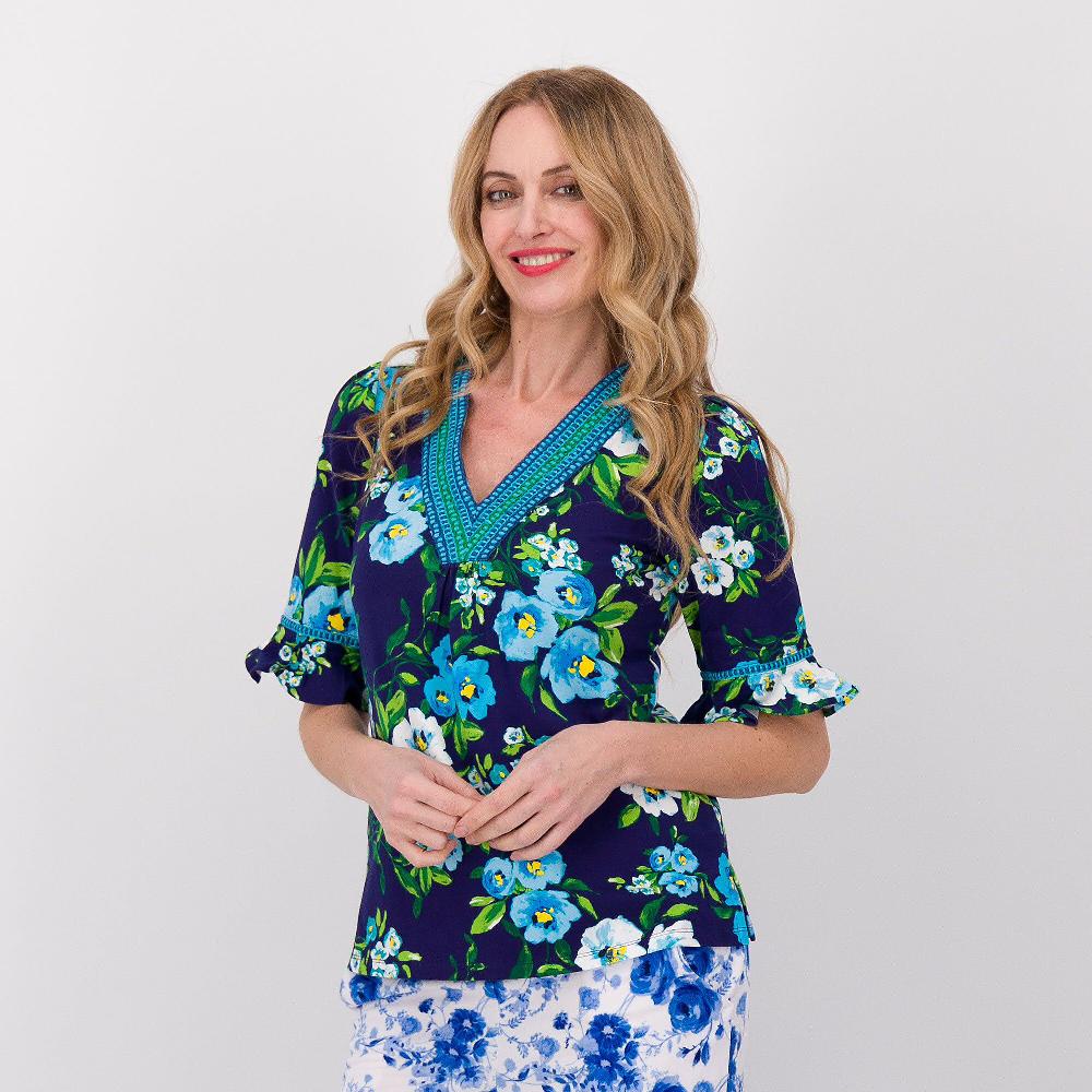 QVC Isaac Mizrahi Live Maglia con scollo a V con motivo con passamaneria