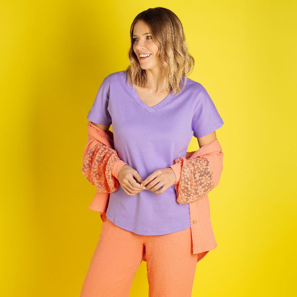 QVC Isaac Mizrahi Live T-shirt scollo a V Cotone PIMA Fondo stondato