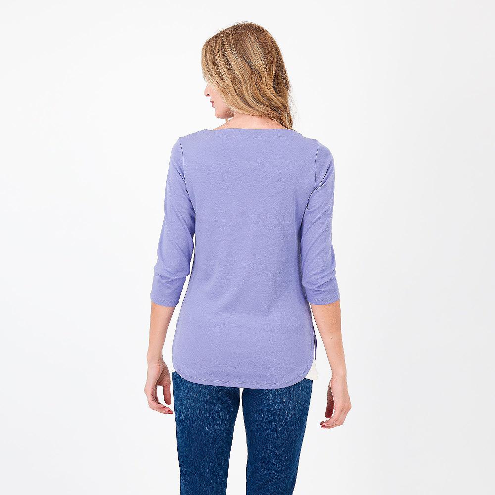 QVC Isaac Mizrahi Live T-shirt Scollo Ampio 100% Cotone PIMA Maniche 3/4 Fondo Stondato