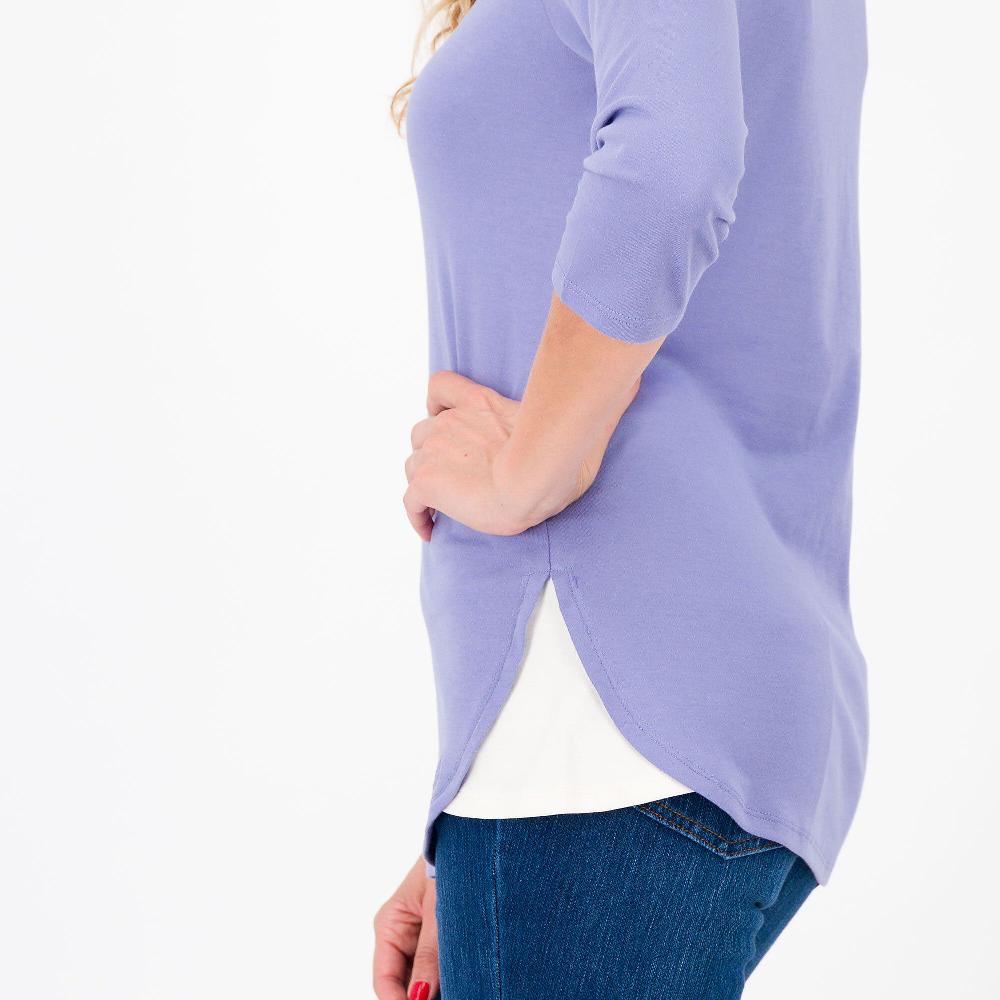 QVC Isaac Mizrahi Live T-shirt Scollo Ampio 100% Cotone PIMA Maniche 3/4 Fondo Stondato
