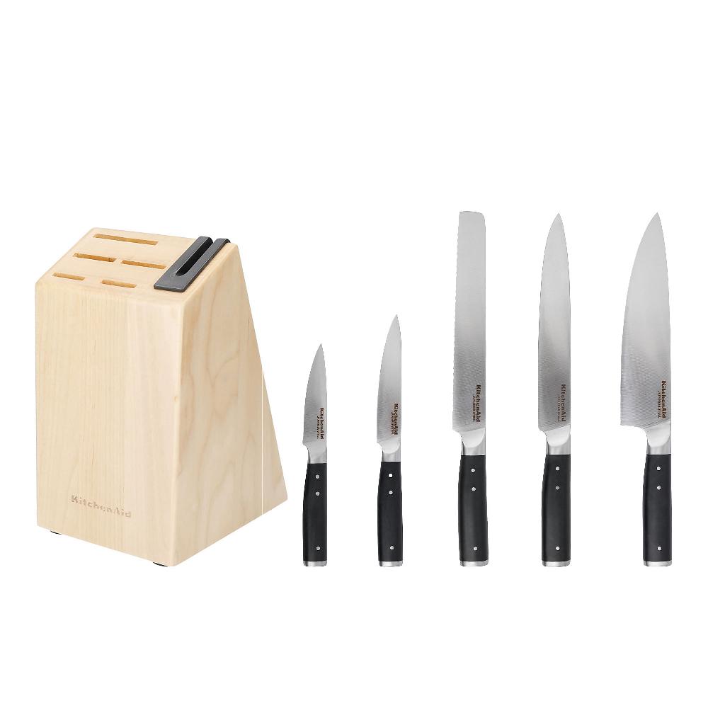 QVC Kitchen Aid Set di 5 coltelli in acciaio giapponese con ceppo in betulla
