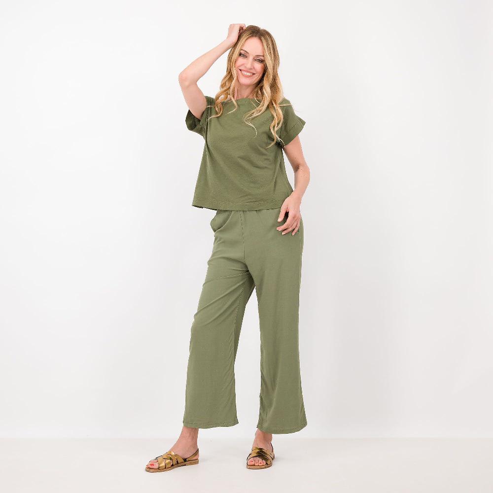 QVC L'Una Pantaloni Ampi In Popeline 100% Viscosa Fascia In Jersey Made In Italy