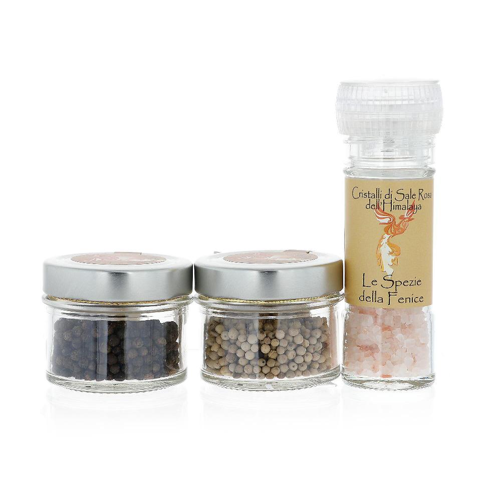 QVC La Fenice Set pepe e sale: pepe nero Sarawak 35g + pepe bianco Muntok 35g+sale Himalaya 60g