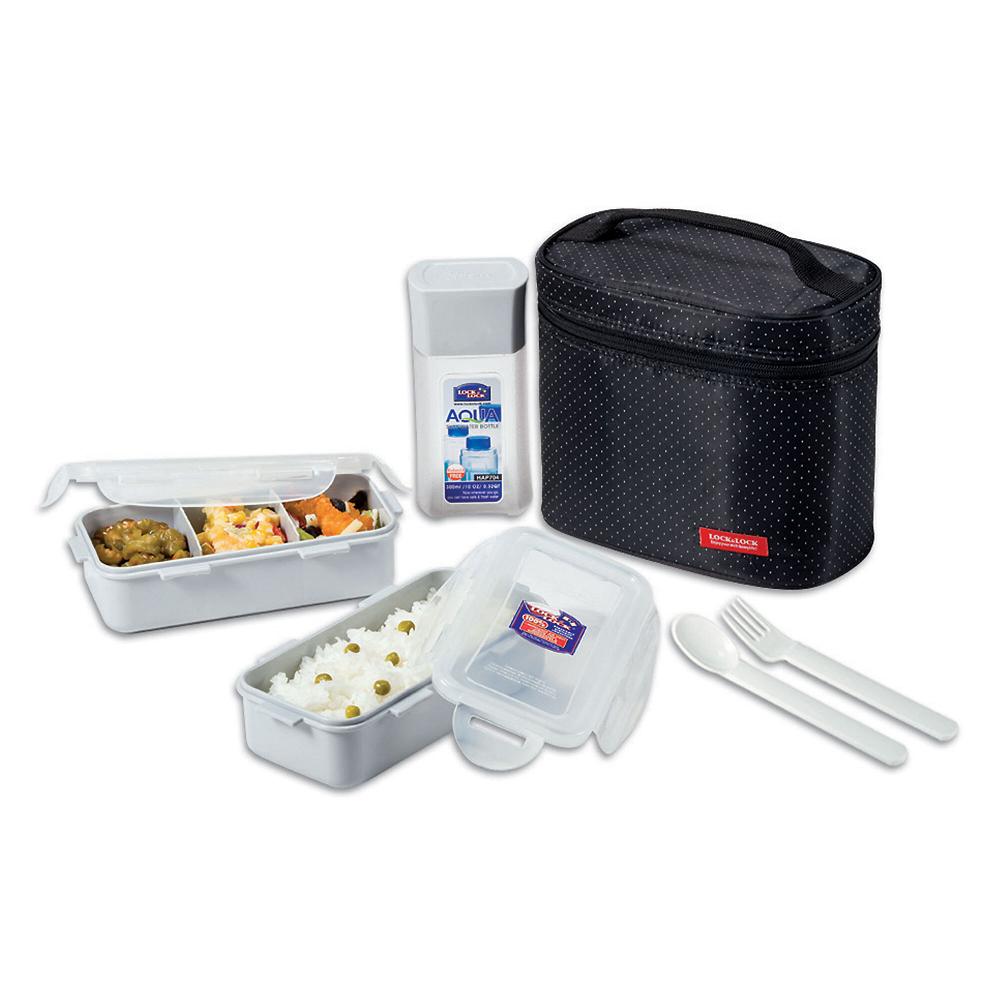QVC LockNLock launch box Set di 3 contenitori con 1 cucchiaio 1 forchetta e borsa