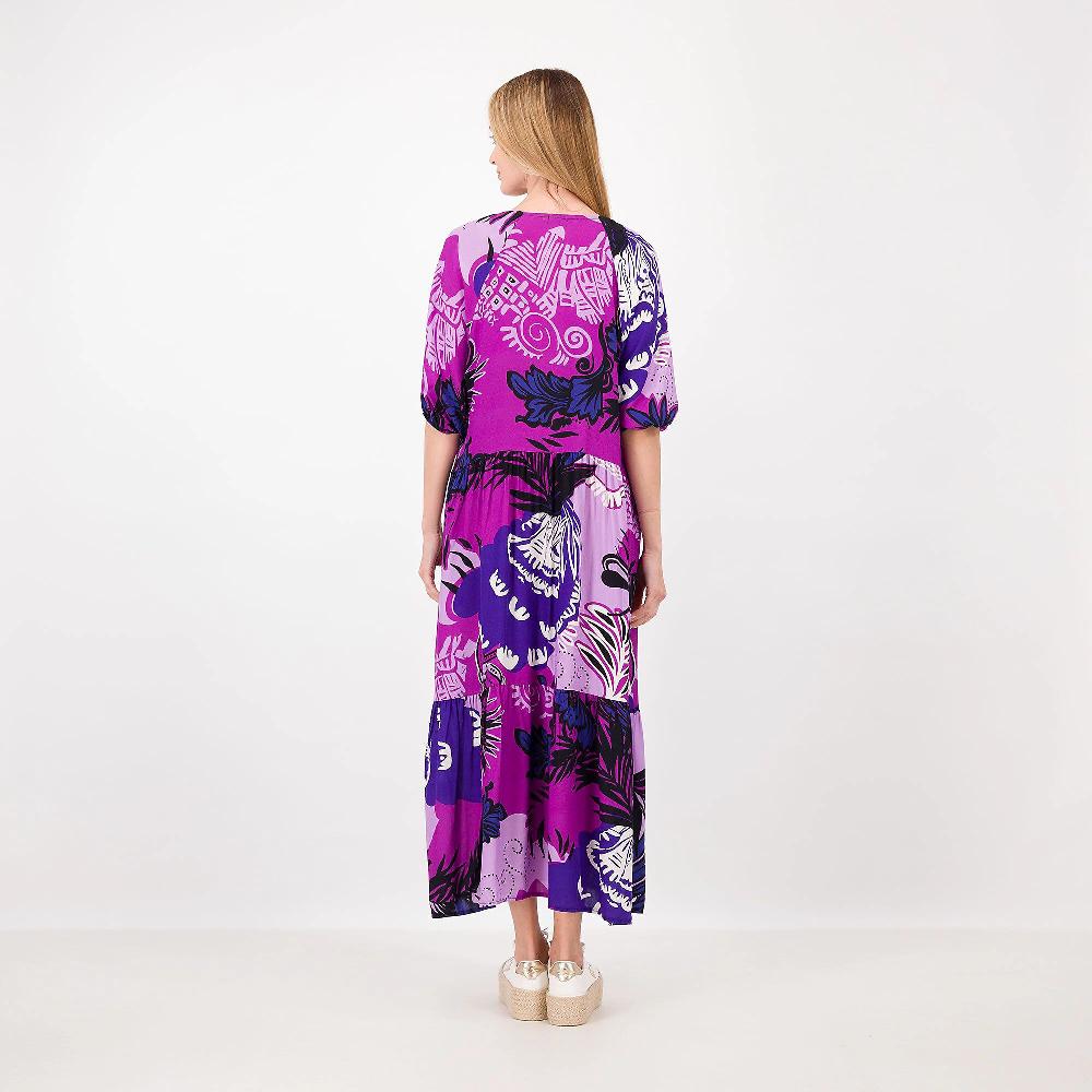 QVC LUCREZIA SCIORTINO Abito Lungo Fantasia Popeline 100% Viscosa Manica Raglan Ampia Made In Italy