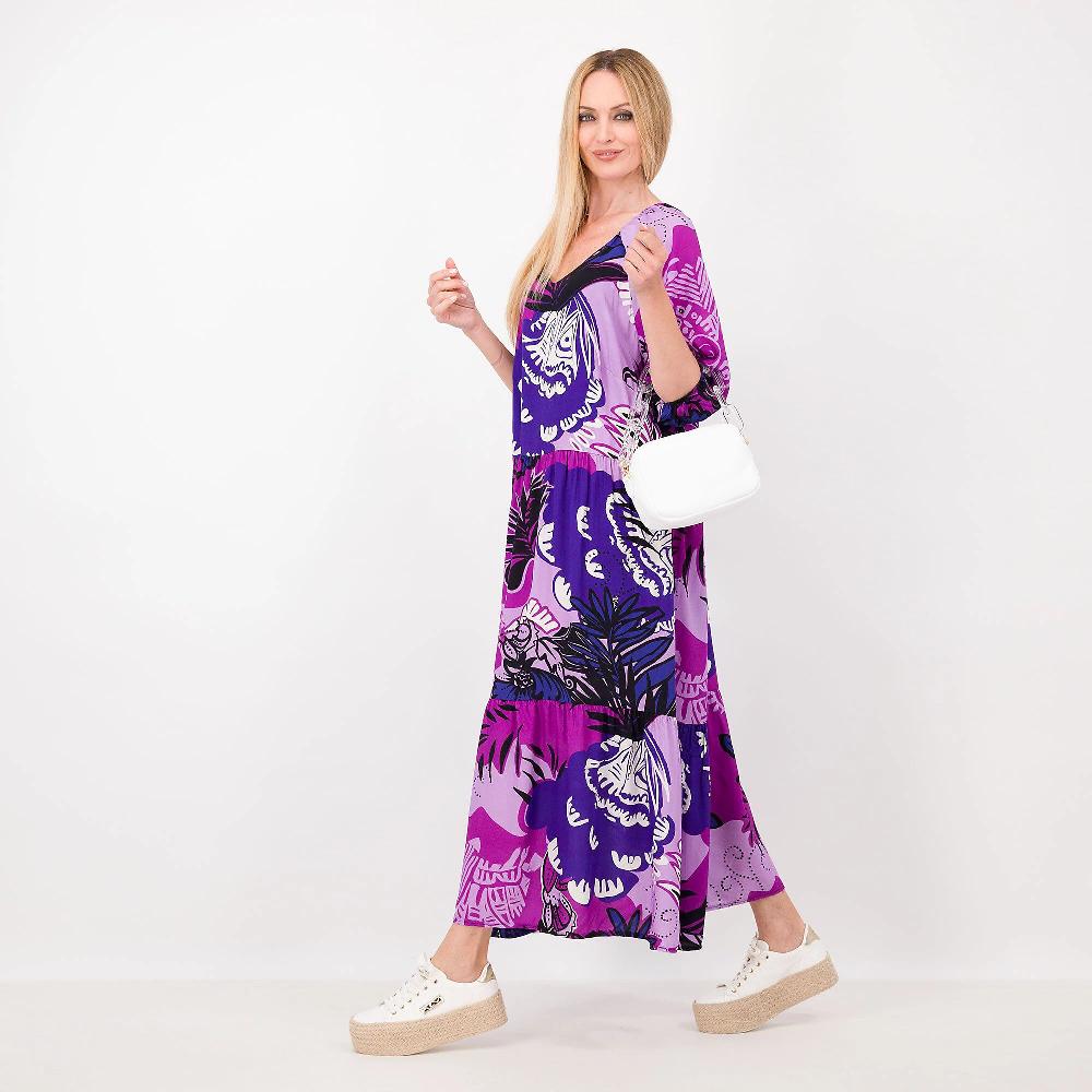 QVC LUCREZIA SCIORTINO Abito Lungo Fantasia Popeline 100% Viscosa Manica Raglan Ampia Made In Italy