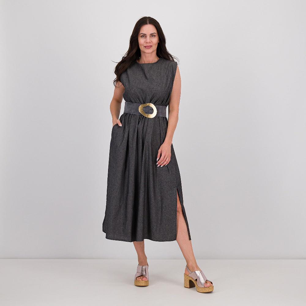 QVC LUCREZIA SCIORTINO Abito lungo smanicato in chambray con spacchi