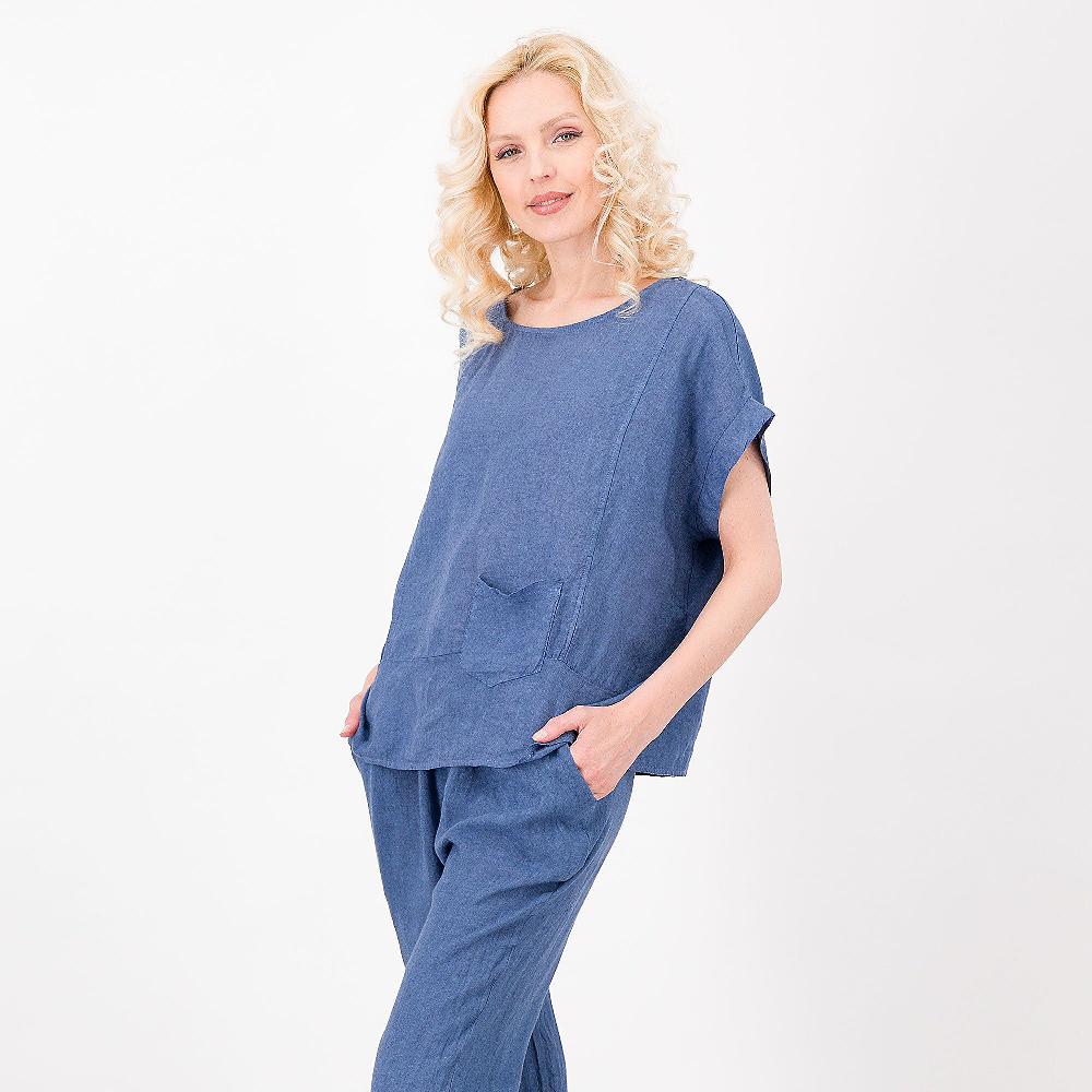 QVC LUCREZIA SCIORTINO Blusa scollo tondo in 100% lino Taschino applicato Made in Italy