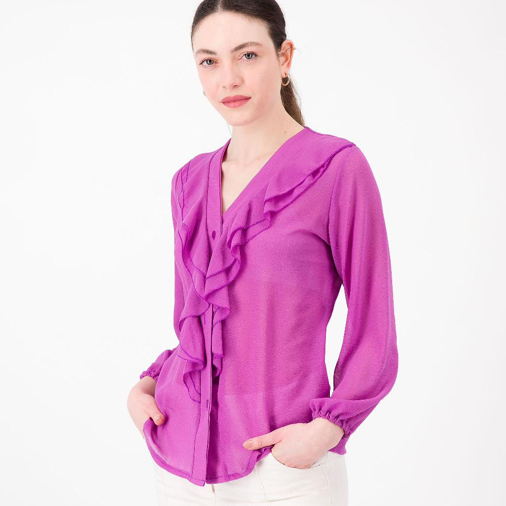 QVC M’ama Camicia In Georgette Scollo V Con Volants Manica Lunga Balloon Made In Italy
