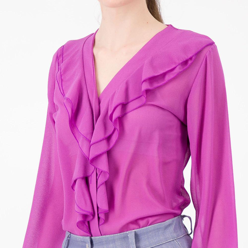 QVC M’ama Camicia In Georgette Scollo V Con Volants Manica Lunga Balloon Made In Italy