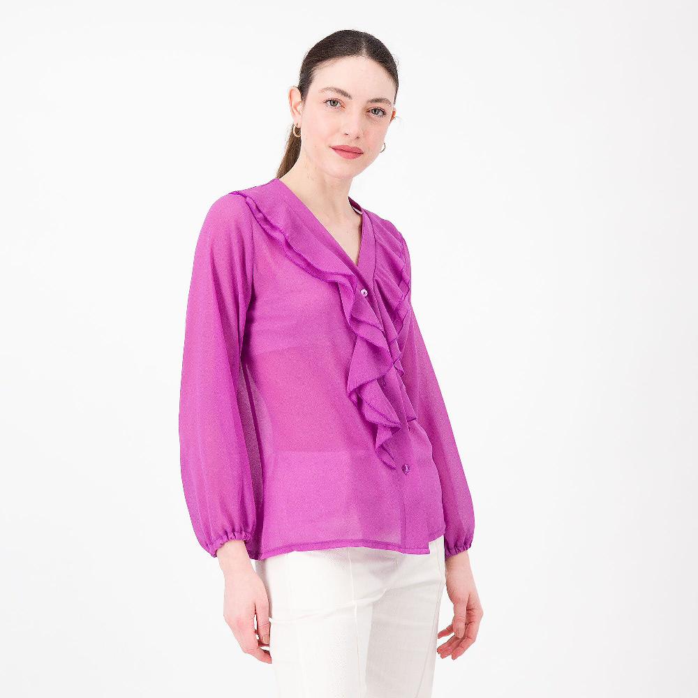 QVC M’ama Camicia in georgette Scollo V con volants Manica lunga balloon Made in Italy