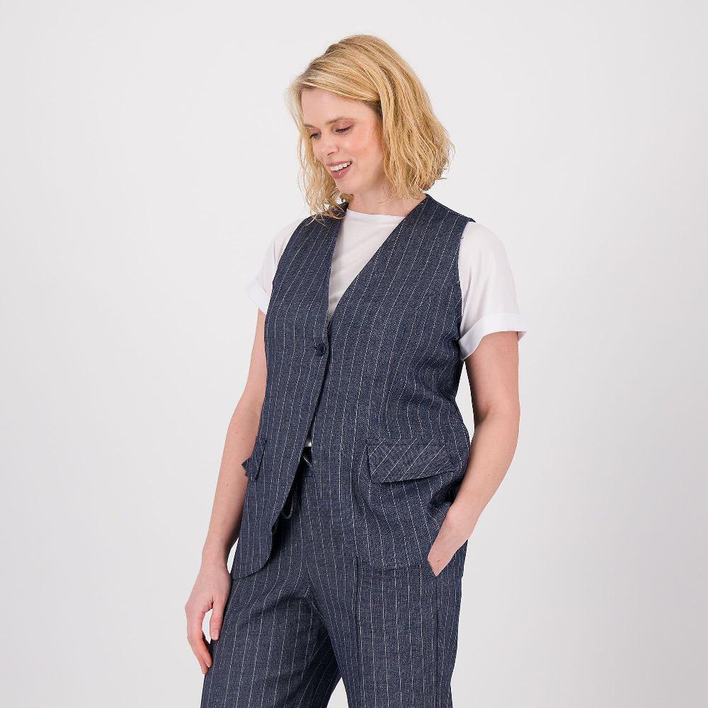 QVC M’ama Gilet in tessuto effetto jeans con lino con patte applicate