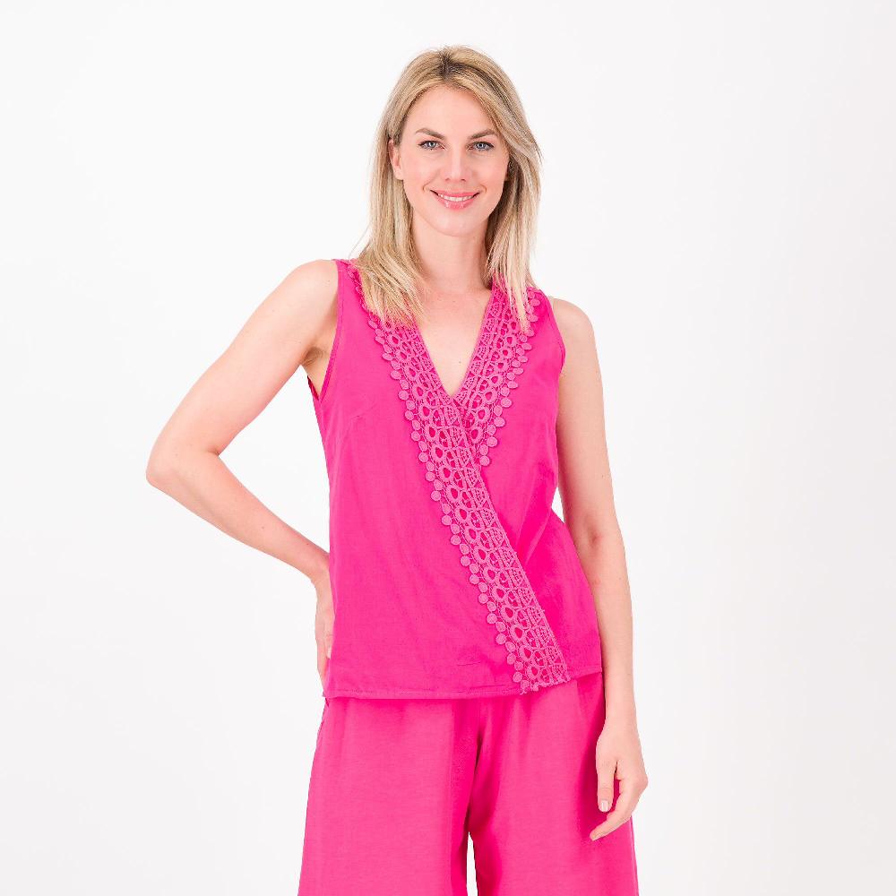 QVC M’ama Top incrociato in tela 100% cotone Applicazione macramé Made in Italy