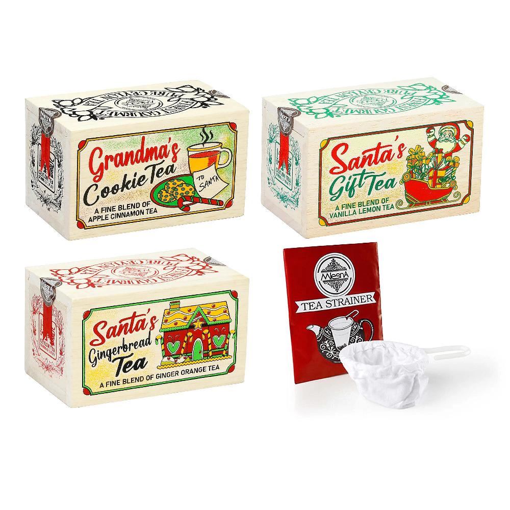 QVC Mlesna Té scatola natalizia in legno con colino in cotone (4pz)