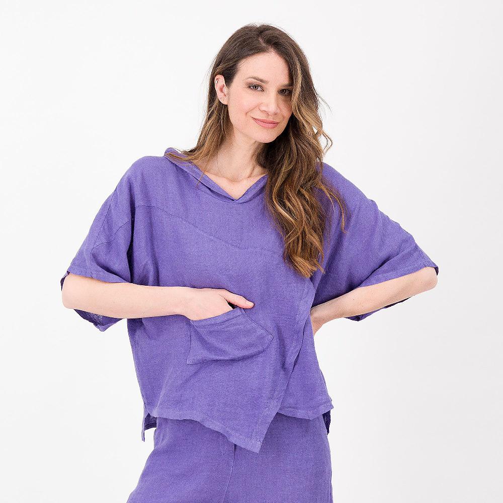 QVC Mood Atelier Blusa con cappuccio in 100% lino Tagli asimmetrici Made in Italy