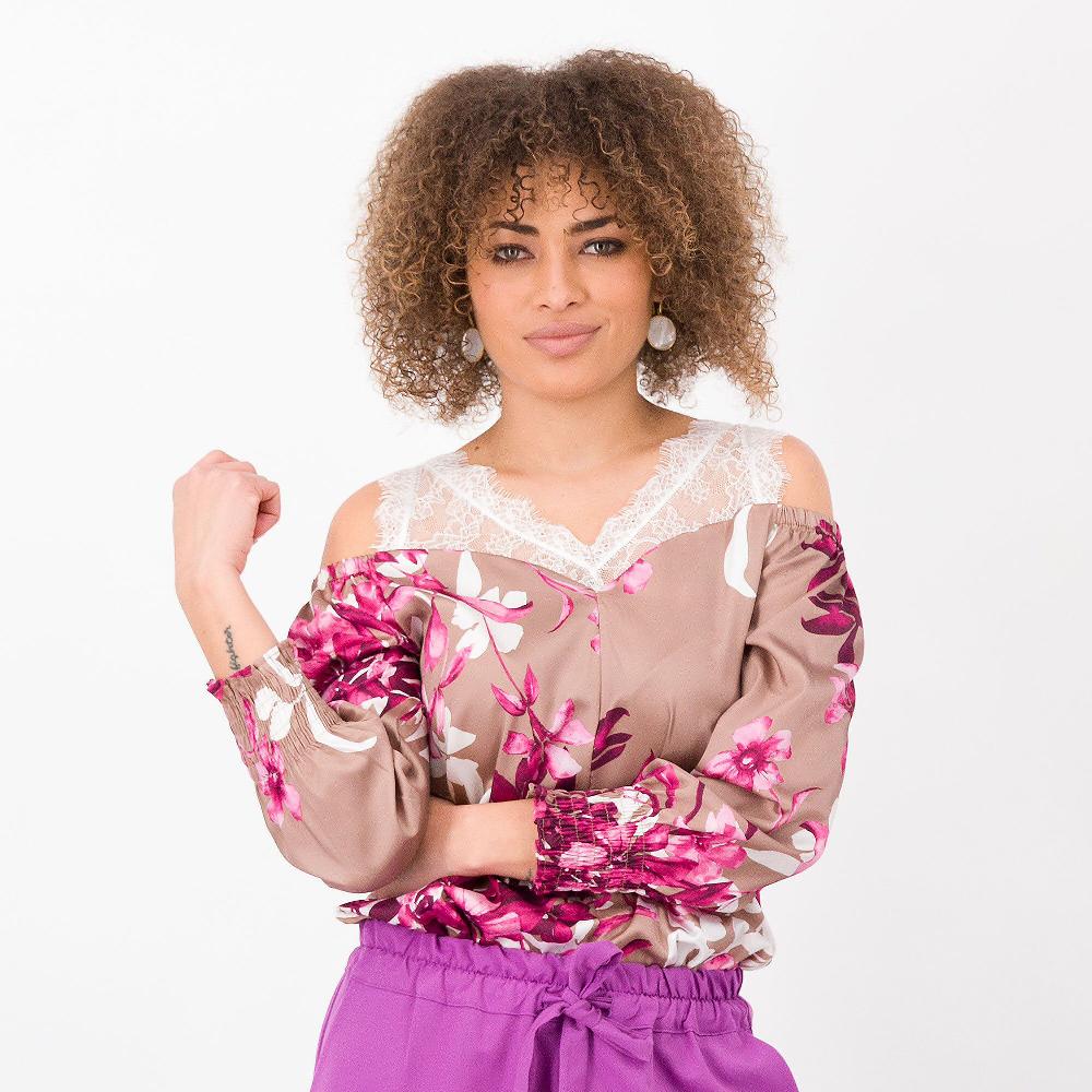 QVC Mood Atelier Blusa raso fantasia con pizzo e apertura sulle spalle