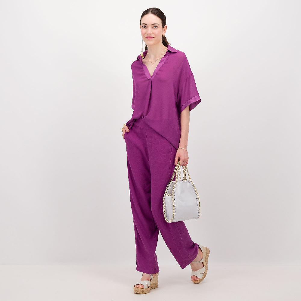 QVC Mood Atelier Blusa Scollo A Polo In Crepe E Raso Di Viscosa E Seta Made In Italy