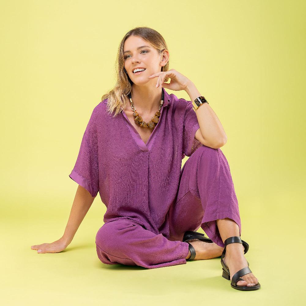QVC Mood Atelier Blusa Scollo A Polo In Crepe E Raso Di Viscosa E Seta Made In Italy