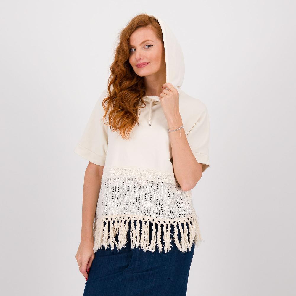 QVC Mood Atelier Felpa a manica corta con motivo macramé e frange