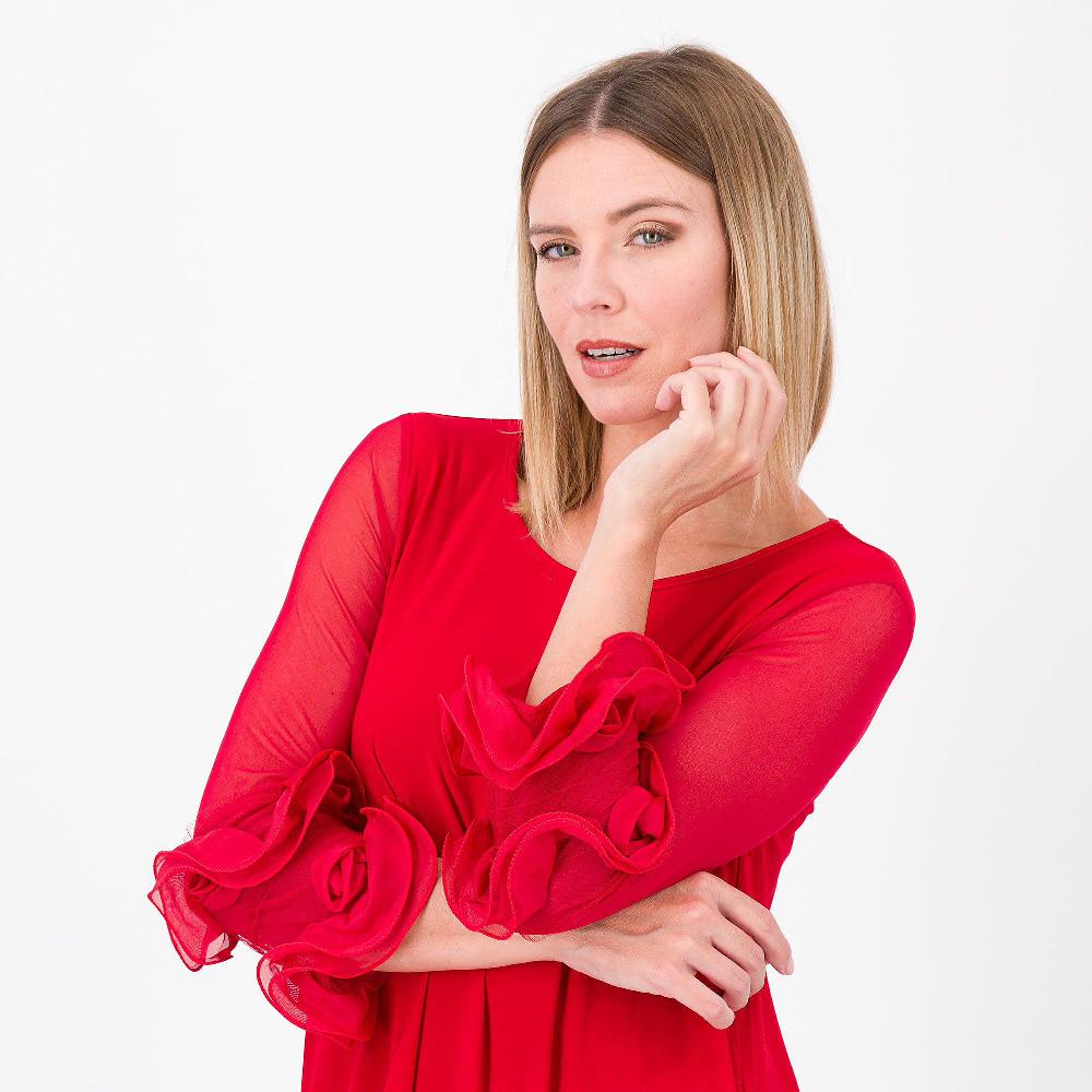 QVC Nina Leonard Abito In Jersey Con Maniche In Tulle E Volant