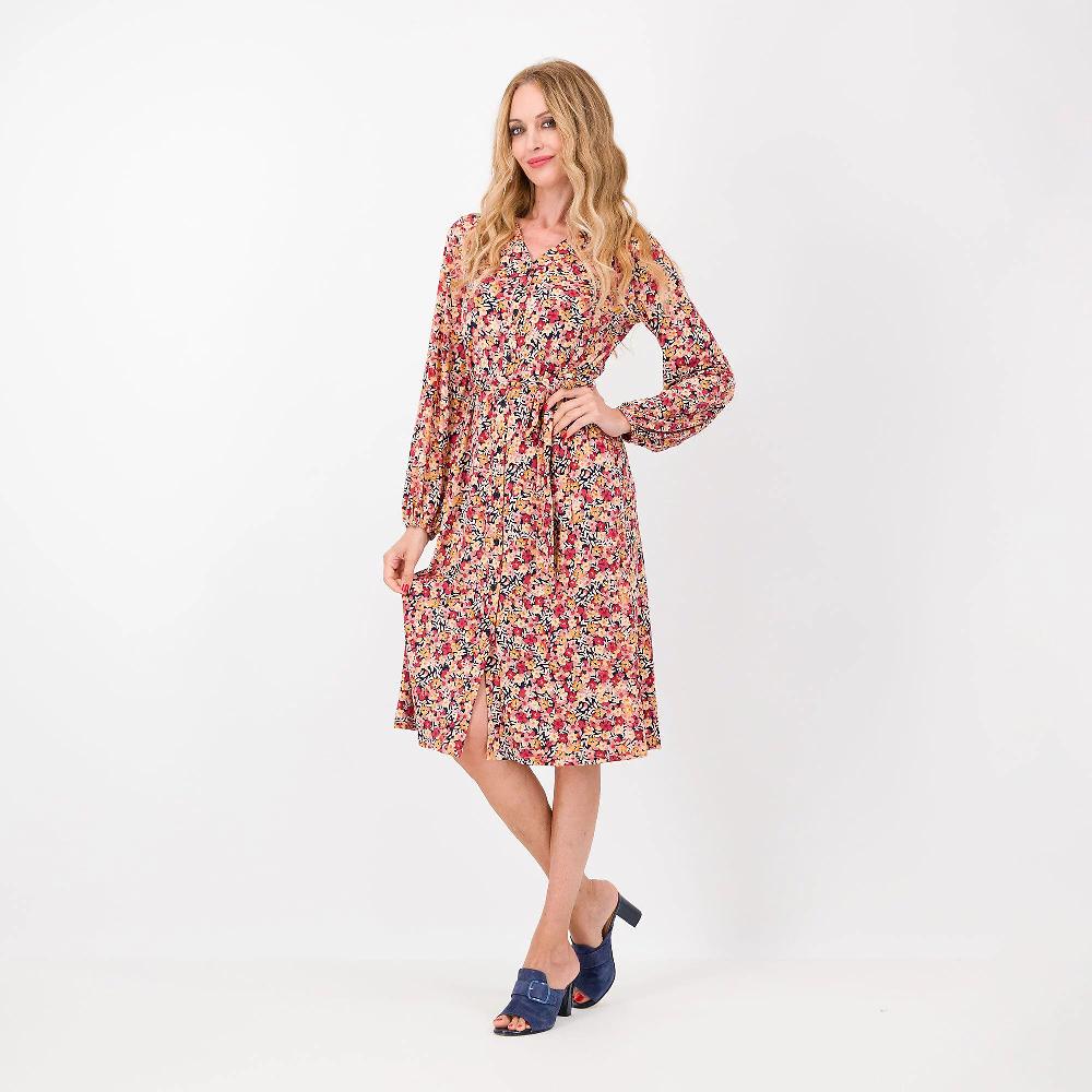 QVC Nina Leonard Abito midi in jersey opaco fantasia e manica baloon