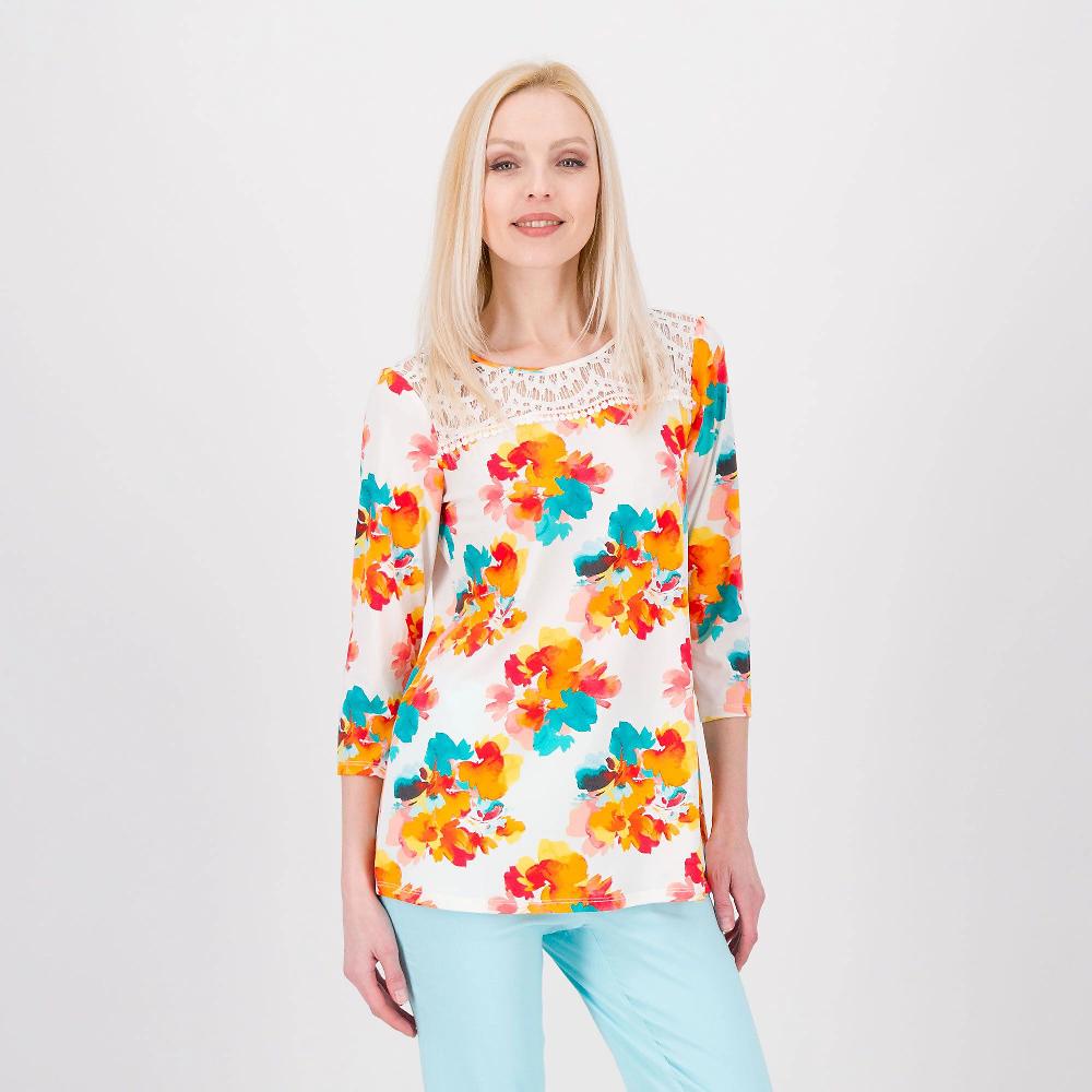 QVC Nina Leonard Blusa fantasia con carré in pizzo e maniche 3/4