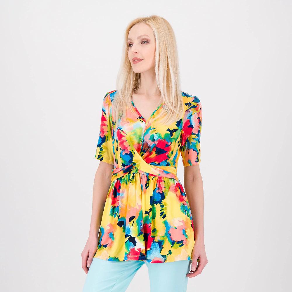 QVC Nina Leonard Blusa fantasia con incrocio e maniche al gomito