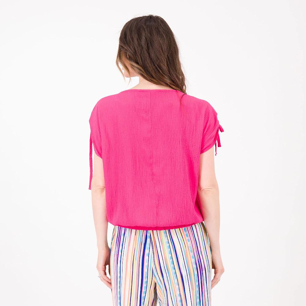 QVC Nina Leonard Blusa In Tessuto Crespo Con Manica Corta Con Fiocco