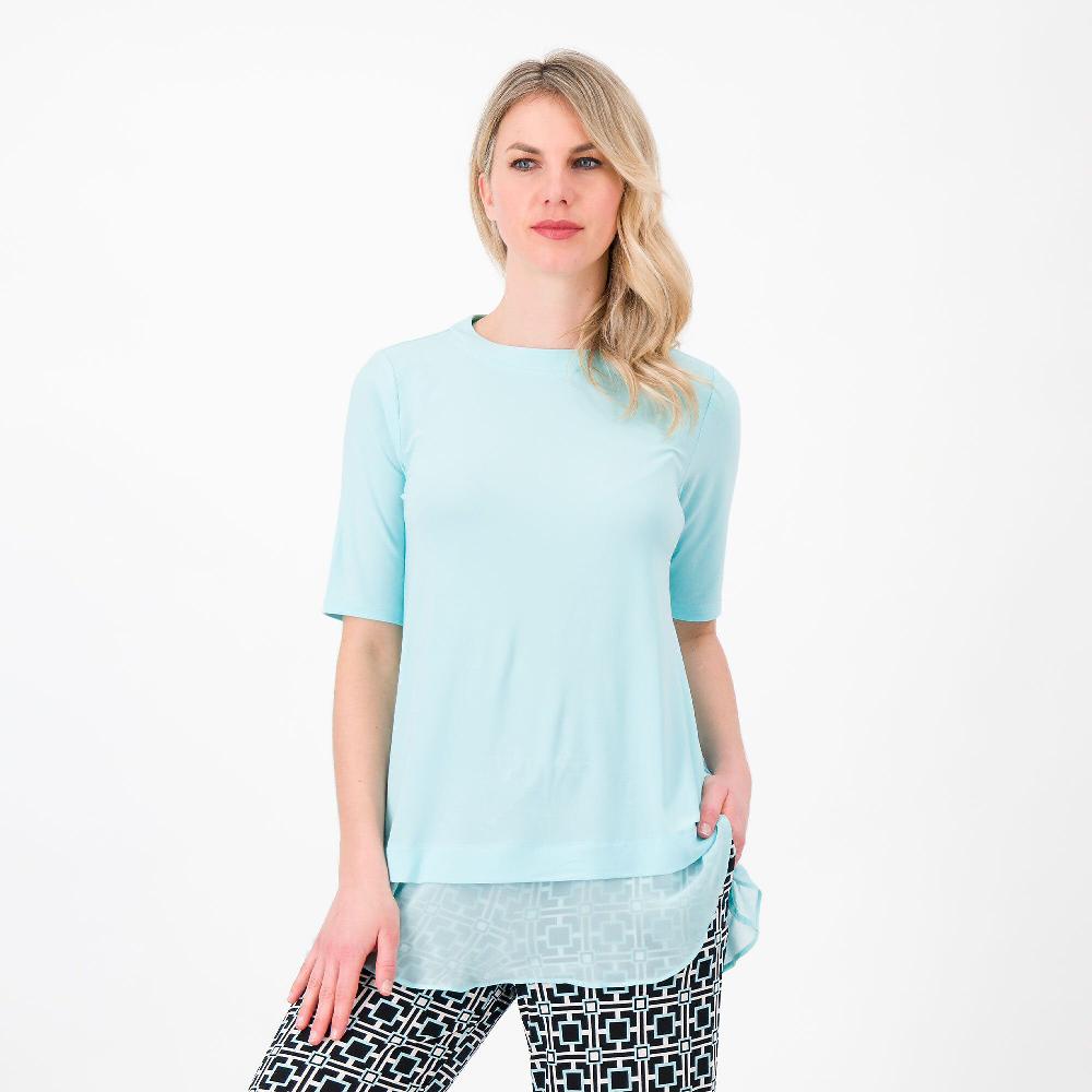 QVC Nina Leonard Blusa tinta unita scollo tondo con balza in chiffon