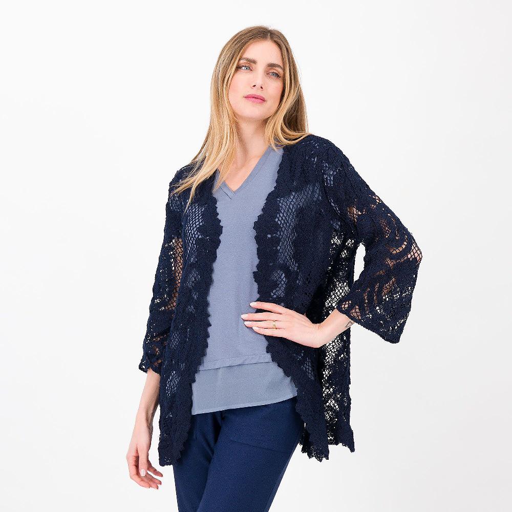 QVC Nina Leonard Cardigan in pizzo crochet con bordi smerlati Manica a 3/4