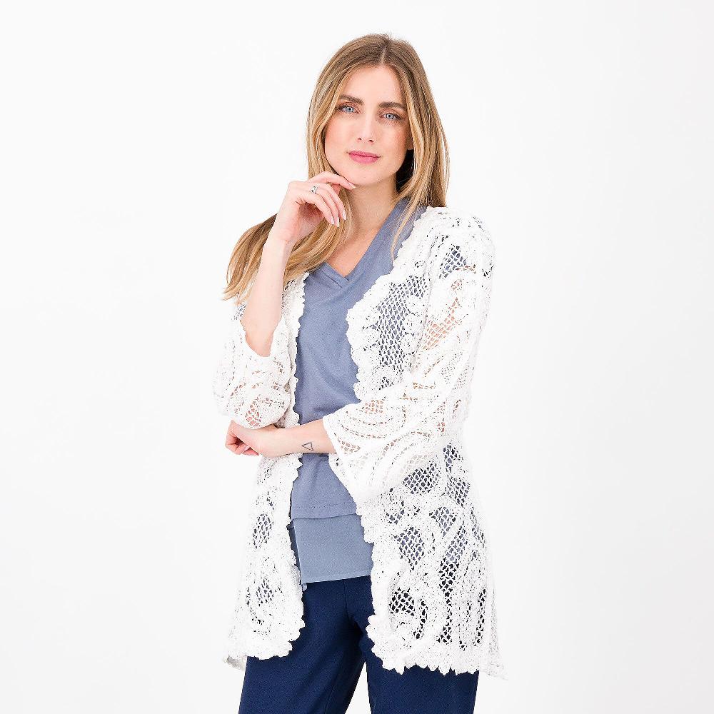 QVC Nina Leonard Cardigan in pizzo crochet con manica 3/4