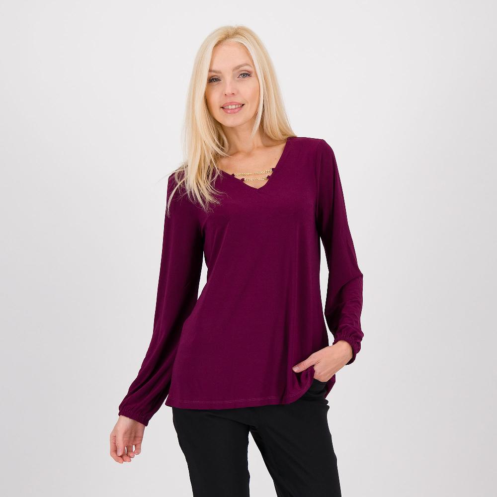 QVC Nina Leonard Maglia a maniche lunghe con scollo a V con catenelle