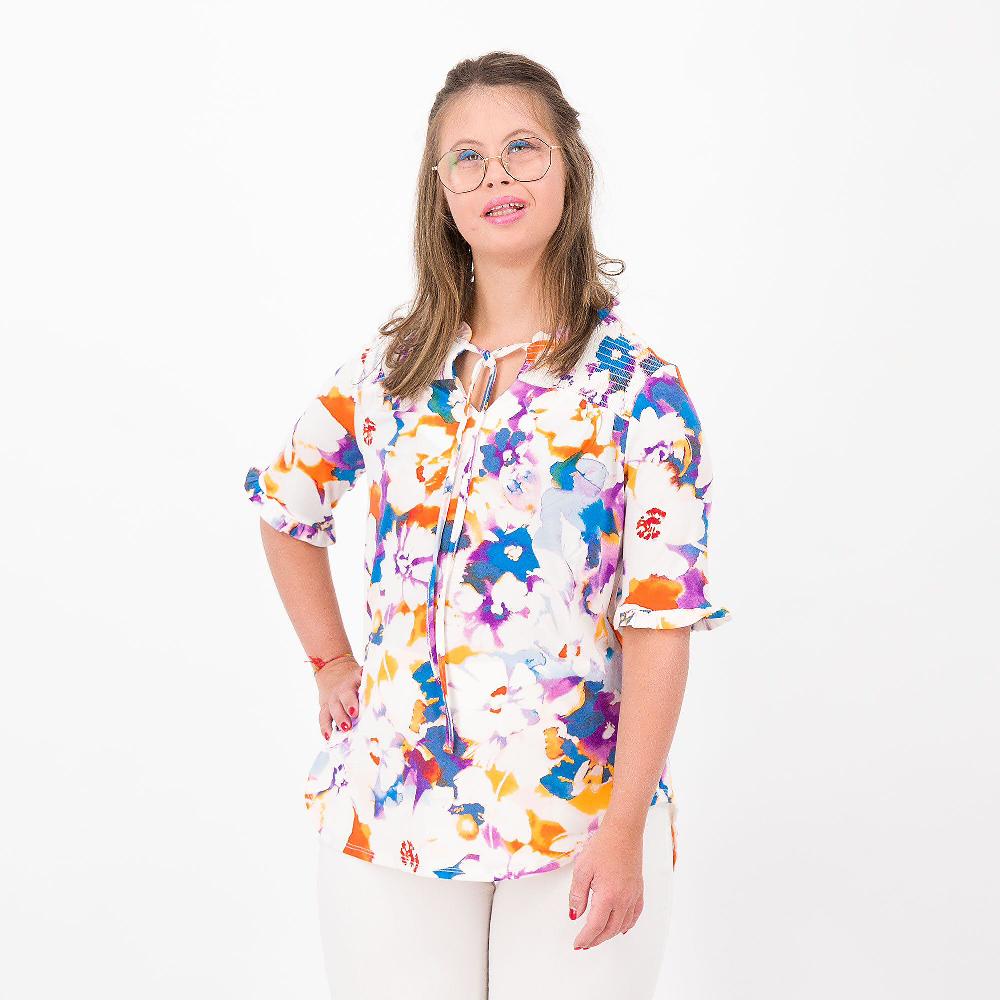 QVC Nina Leonard Maglia fantasia con rouches allo scollo