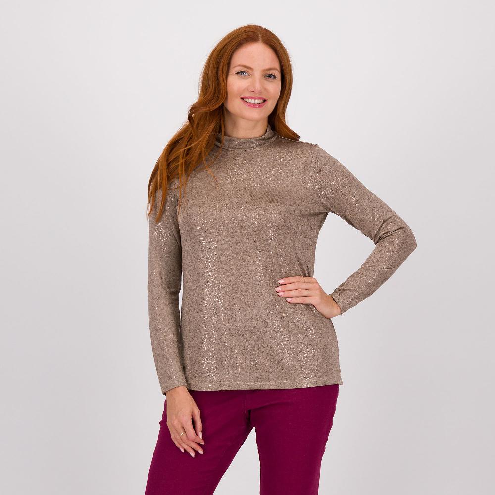 QVC Nina Leonard Maglia in jersey lamé collo a lupetto e spacchetti al fondo