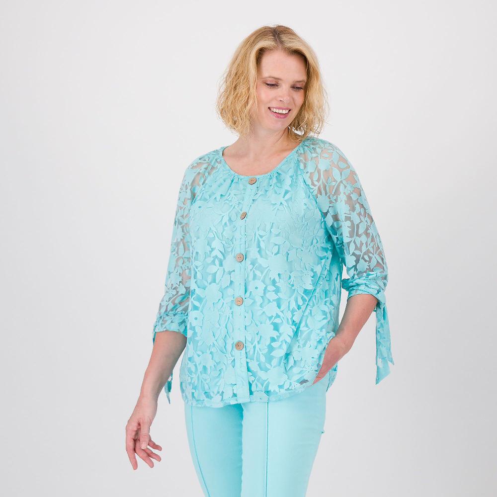 QVC Nina Leonard Maglia in tulle fantasia con bottoni e maniche 3/4